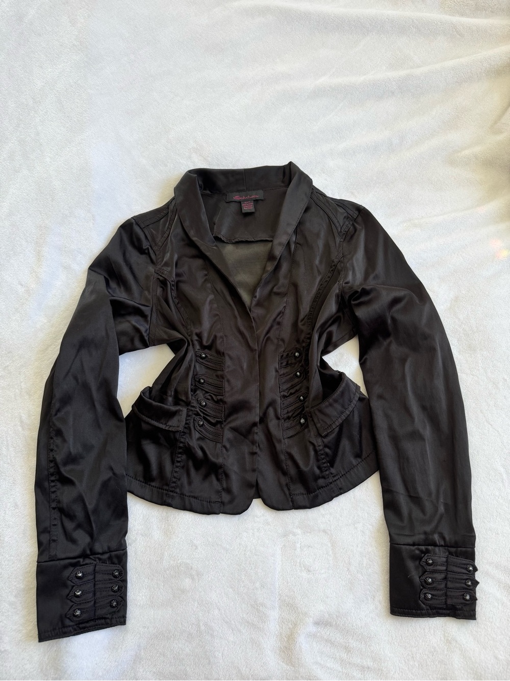 Tailored Black Satin Blazer with Decorative Button Accents